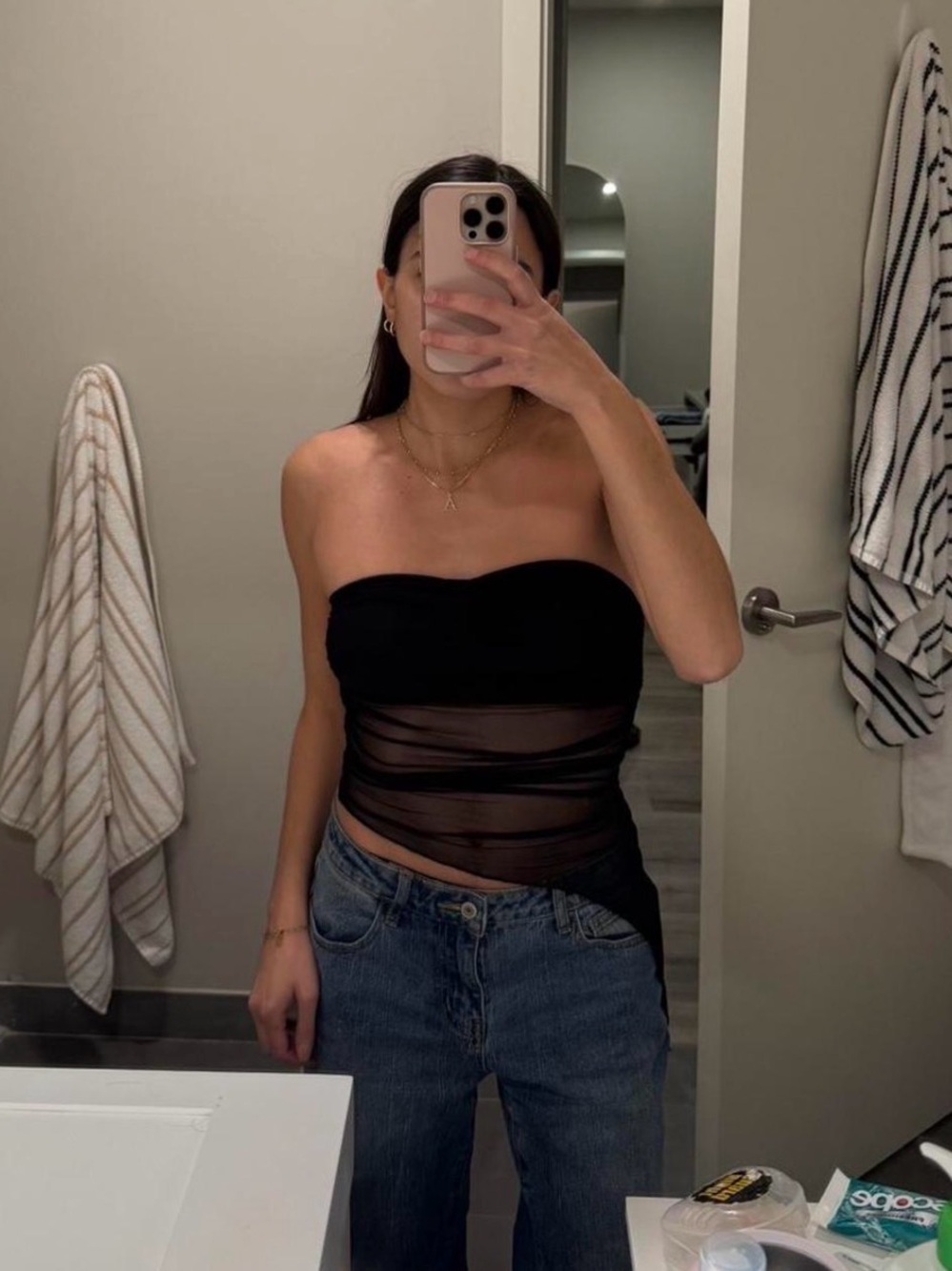 emory park Black Strapless Sheer Mesh Tube Top Asymmetrical Hem